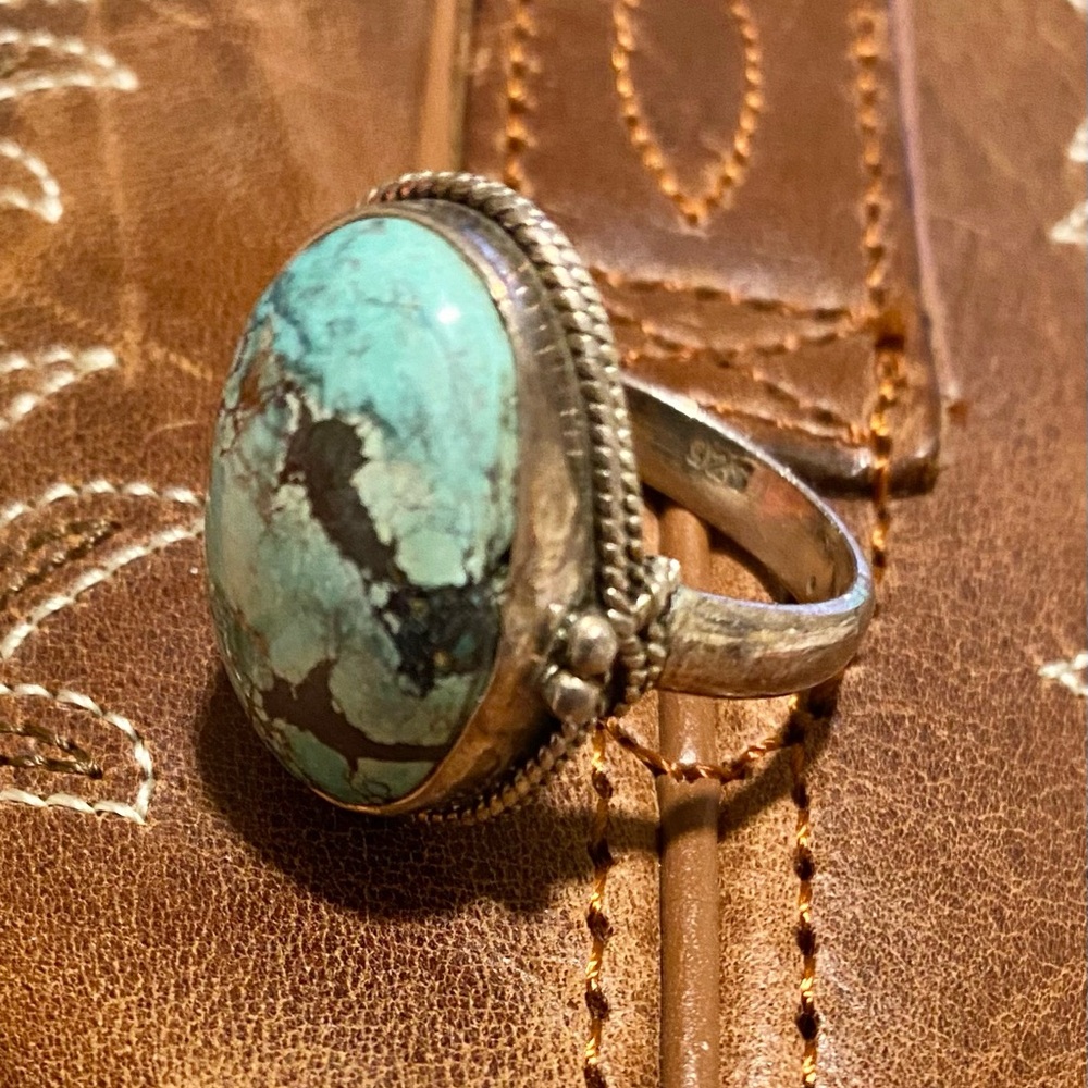 Sterling Silver Ornate Turquoise Synthetic Stone Size 10 Ring